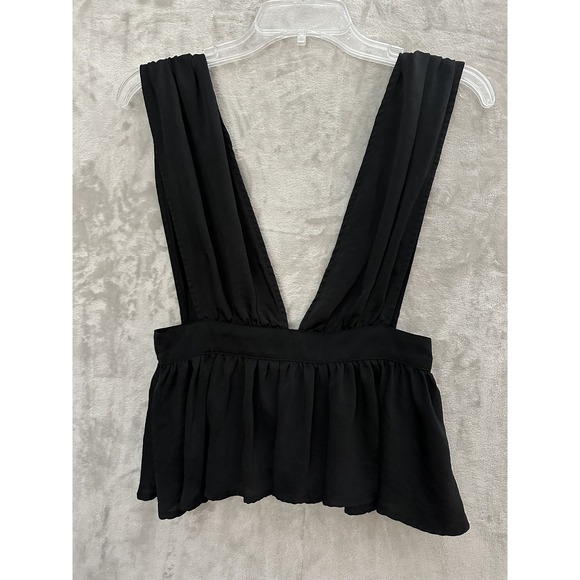 Lucca Peplum Top Womens Small Black Deep V Sleeveless Ruffle Hem Button Back - Picture 1 of 7